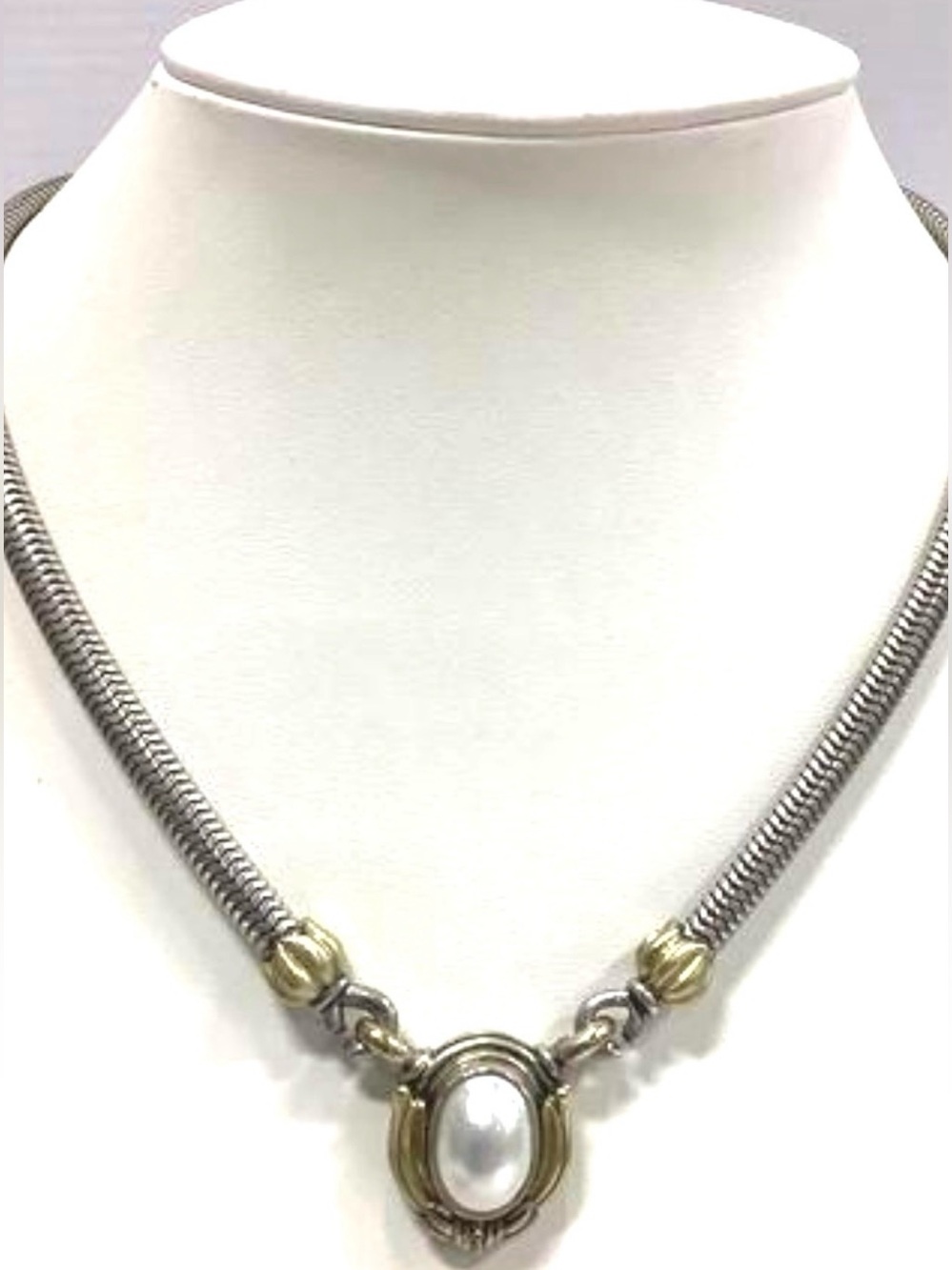 Lagos Caviar 925 Sterling Silver 18K Gold Mabe Pearl Snake Chain Necklace 16"